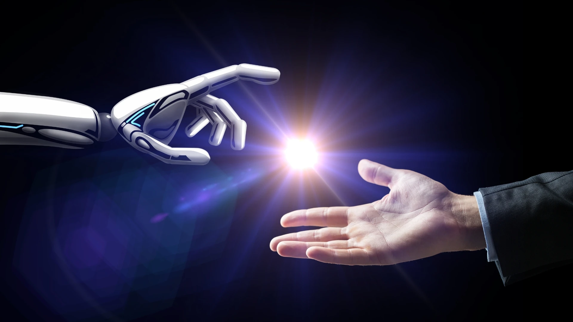 A robotic hand and a human hand reaching out to touch, representing the partnership of Agentic AI for Enterprise.