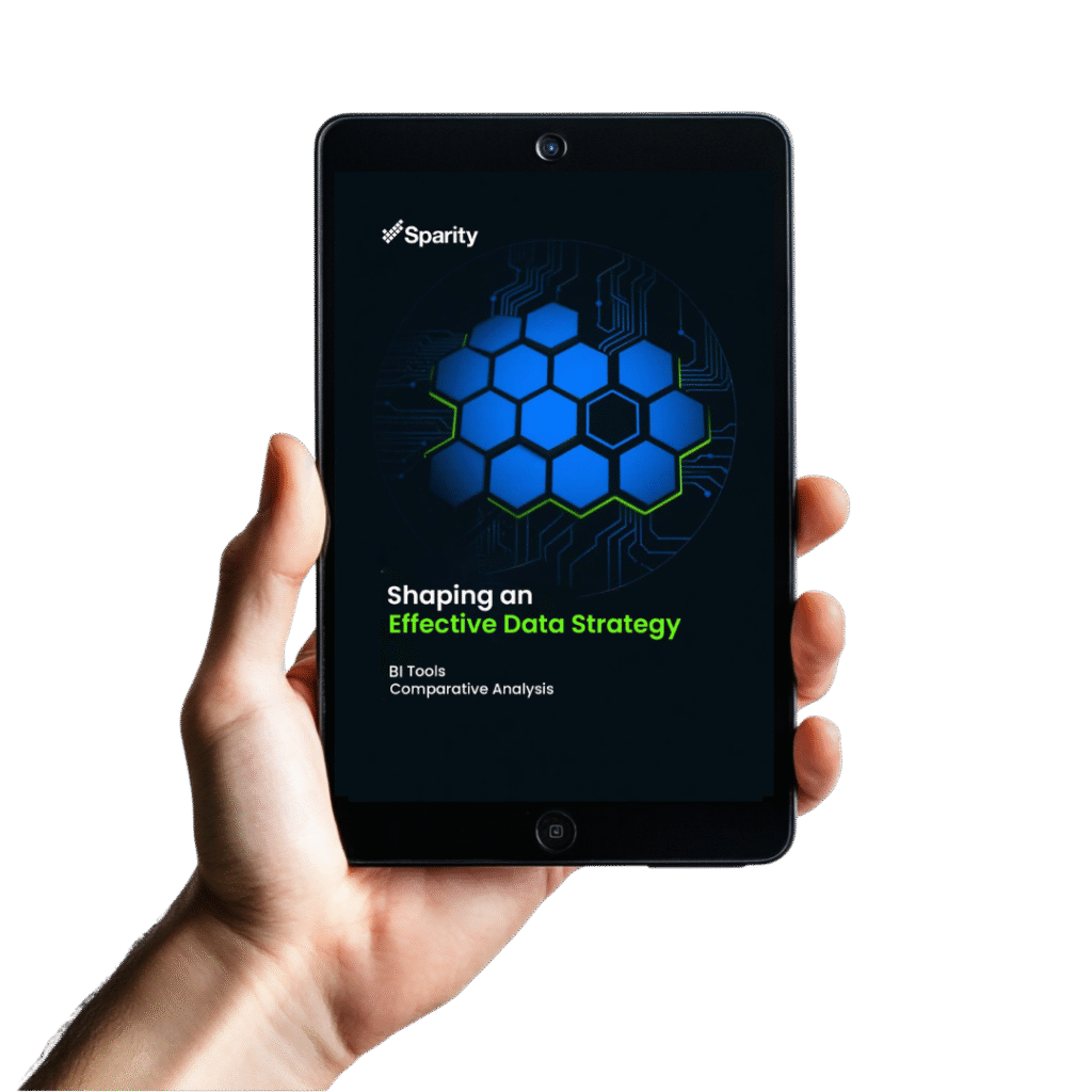 An iPad displaying the ebook titled "Shaping an Effective Data Strategy" with a hand holding it.